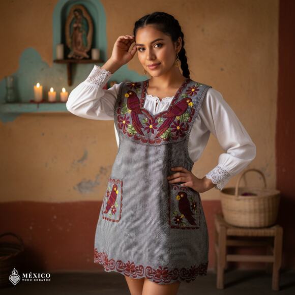 Gray Mexican Embroidered Apron – Standard Kitchen Apron Floral Embroidery - Picture 2 of 8